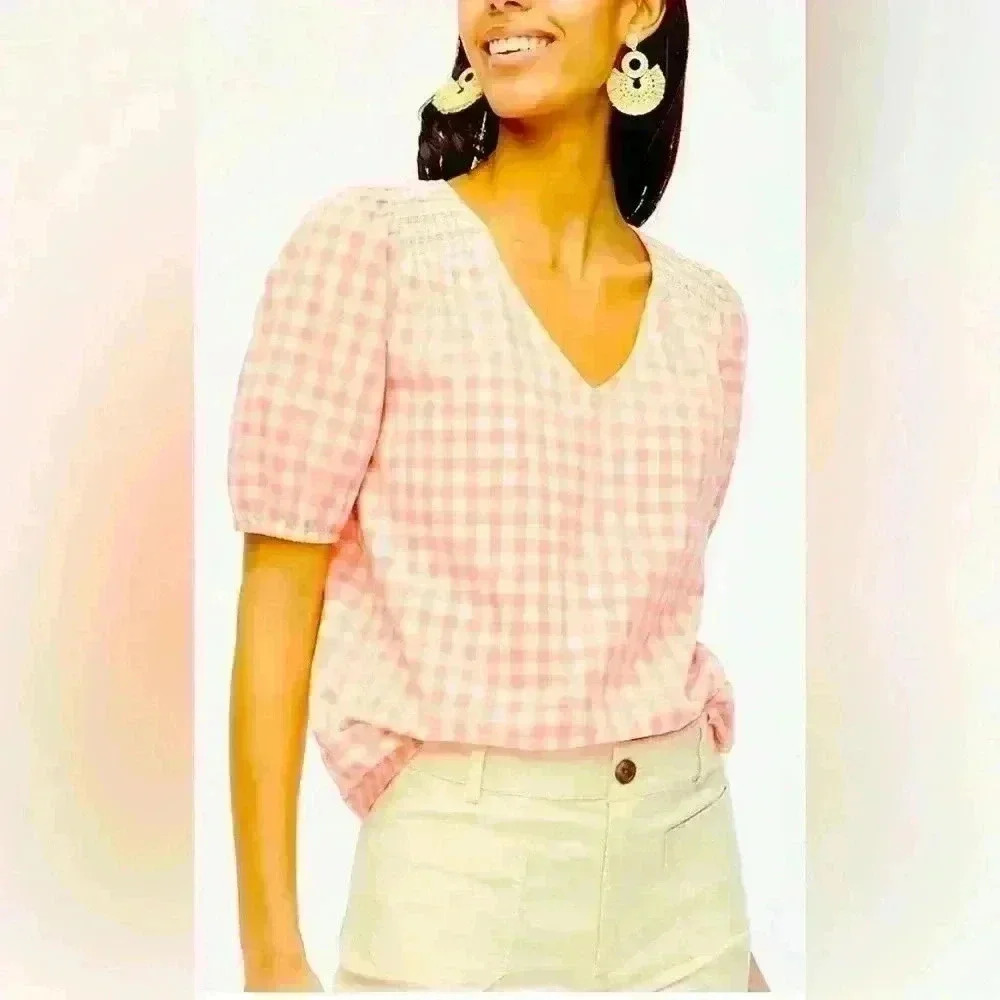 J. Crew Pink and White Puff Sleeve Blouse